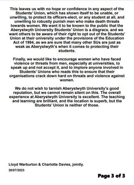 Death threats against women's officer at Aberystwyth Students' Union