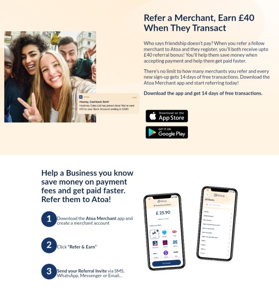 Atoa app send and receive get £40 business owners sole traders