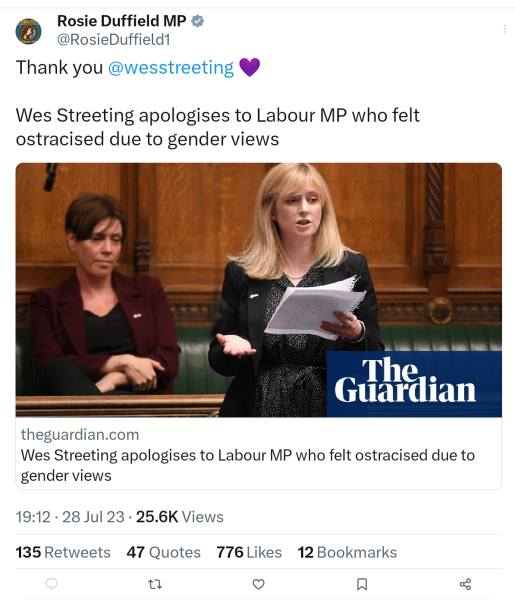 Streeting apologies to Rosie Duffield 