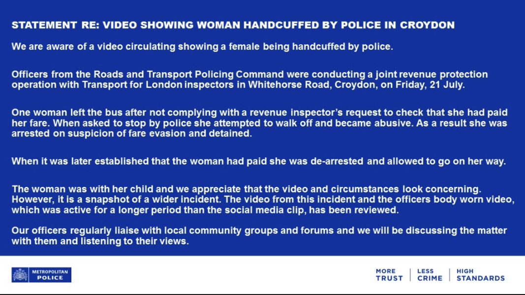 Mother arrested in front of child by Met over bus fare (that she had paid!)