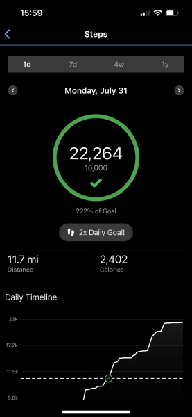 How many calories burned doing 22,000 steps?
