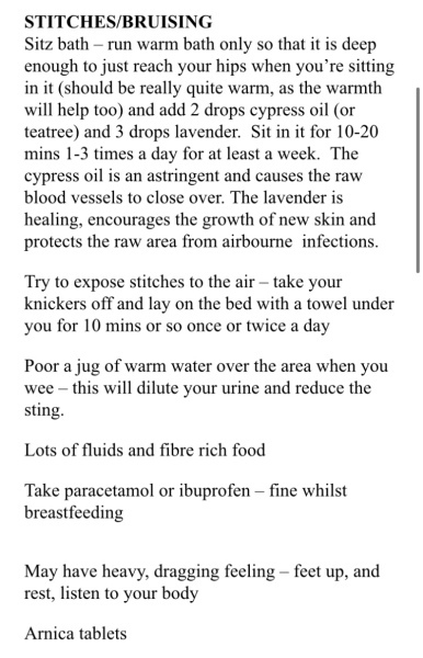 Episiotomy / stitches / tear