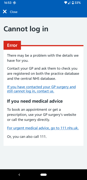 NHS App error/GP surgery