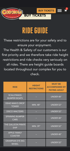 Child height restrictions at theme parks and play areas.