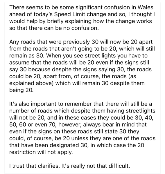 Wales 20mph massive confusion.