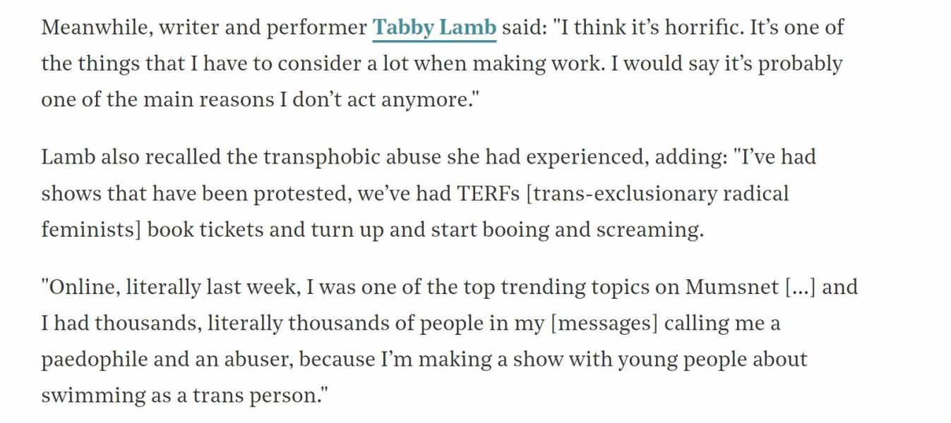 Transwoman quoted in the Stage claims to have been a trending topic on Mumsnet last week and to have received 'literally thousands of messages calling them a paedophile'