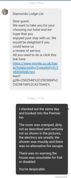 Royally fucked over by Diamonds Lodge on  booking.com and can't contact anyone