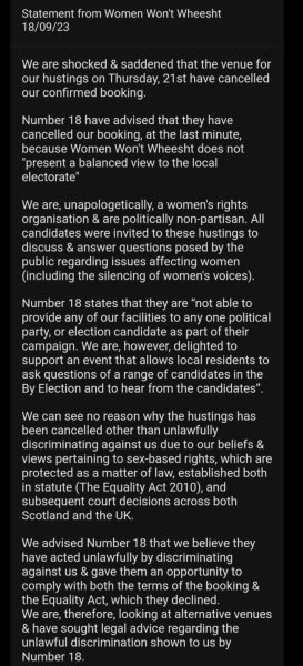 Womens Group hustings for Rutherglen & Hamilton West byelection cancelled