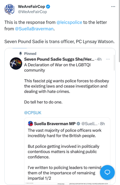 Suella Braverman statement about police behaviour and TRA police officer response