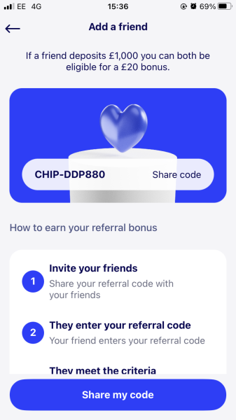Free £20 when you deposit £1000 with Chip