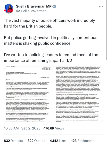 Suella Braverman statement about police behaviour and TRA police officer response