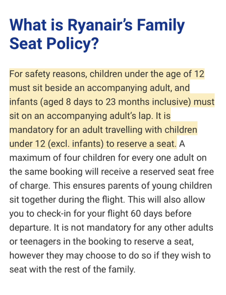 Ryanair seating policy for kids