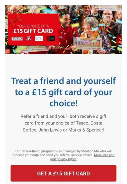 Postcode lottery free £15 giftcard of your choice