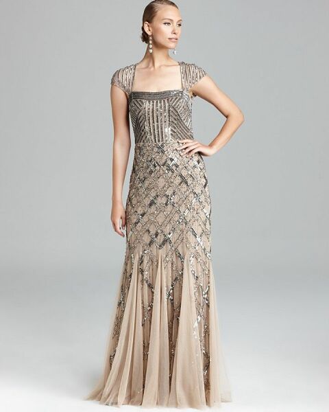 Gold square neck beaded gown- the search is on!