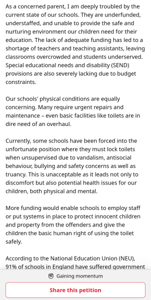To want to understand and get something to be done about the school toilet issue.