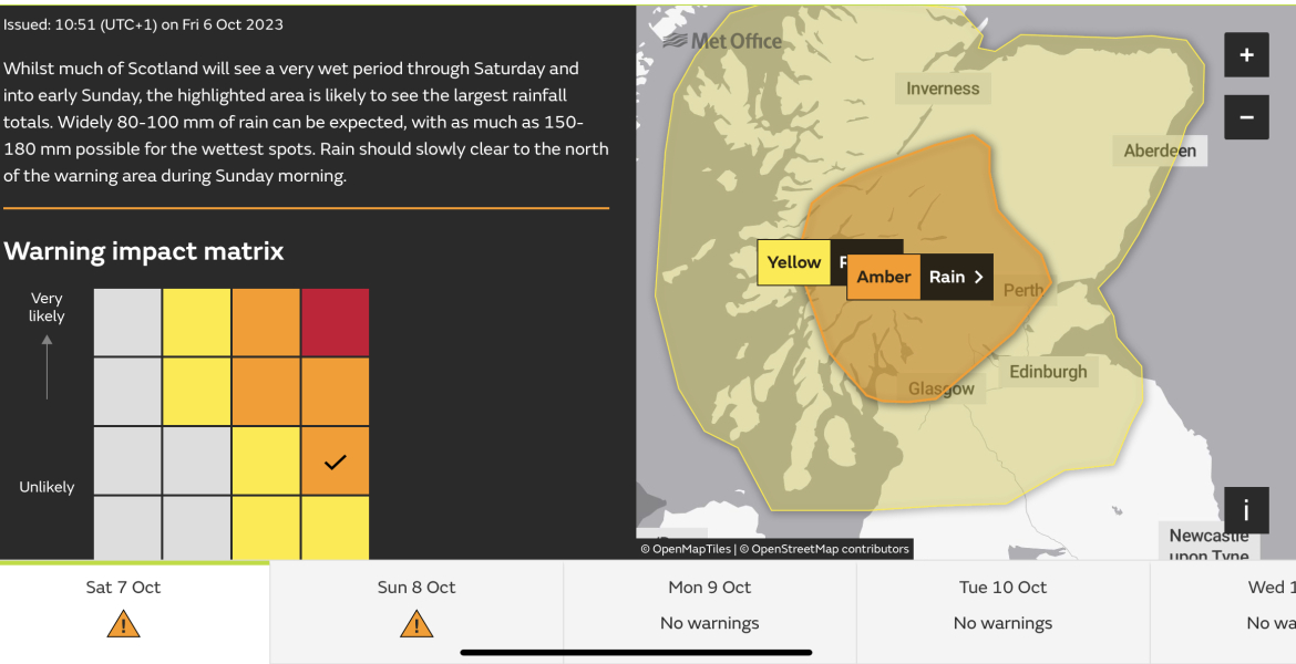 Weather warnings for much of Scotland 7 Oct