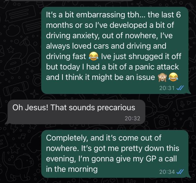 To ask if anyone has advice for sudden crippling driving anxiety.