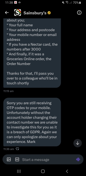 Receiving Unrequested OTP's from Sainsbury Supermarket