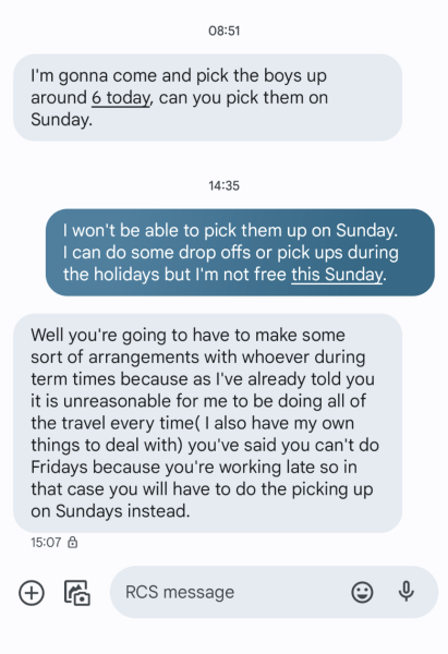 Ex husband to pick up and drop off kids twice a month