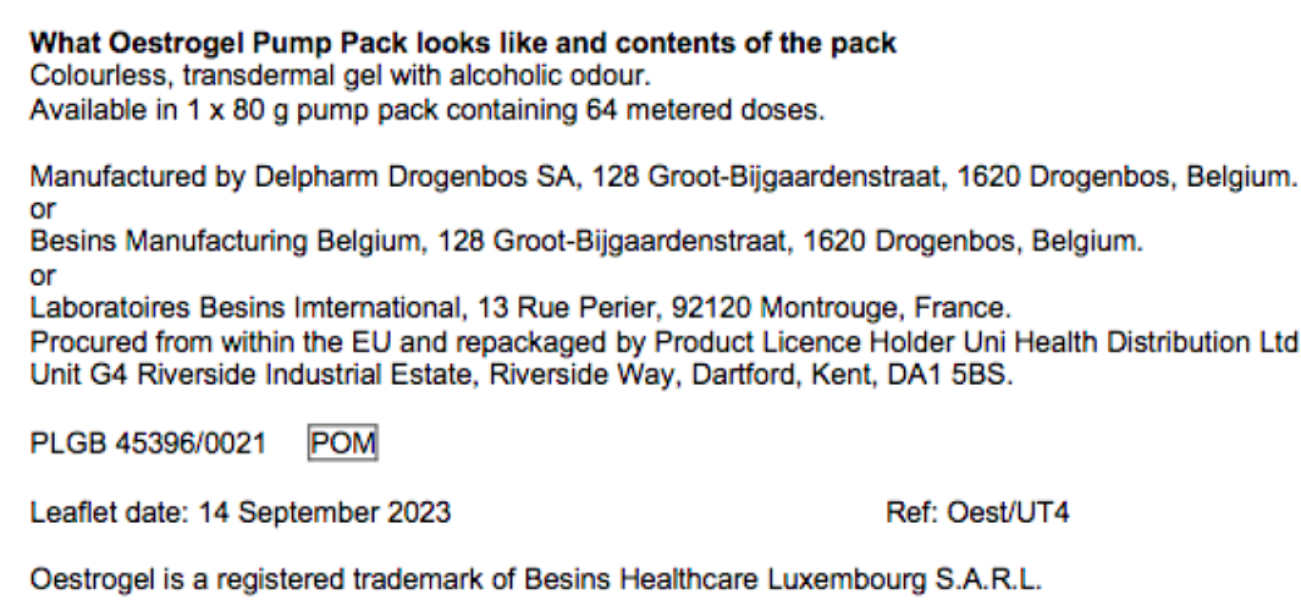 Oestrogel: new packaging (yet again)?