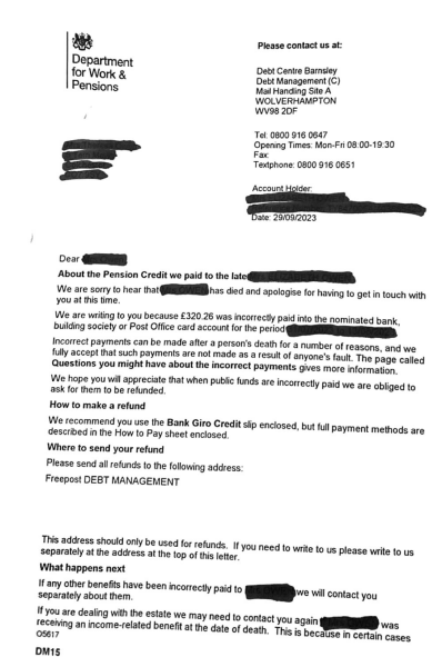 DWP asking for incorrect payment back 3 months after someone's died