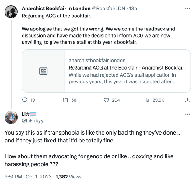 Anarchists banned from London Anarchist Bookfair due to alleged transphobia