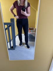 Black straight or bootcut stretch trousers, high waisted