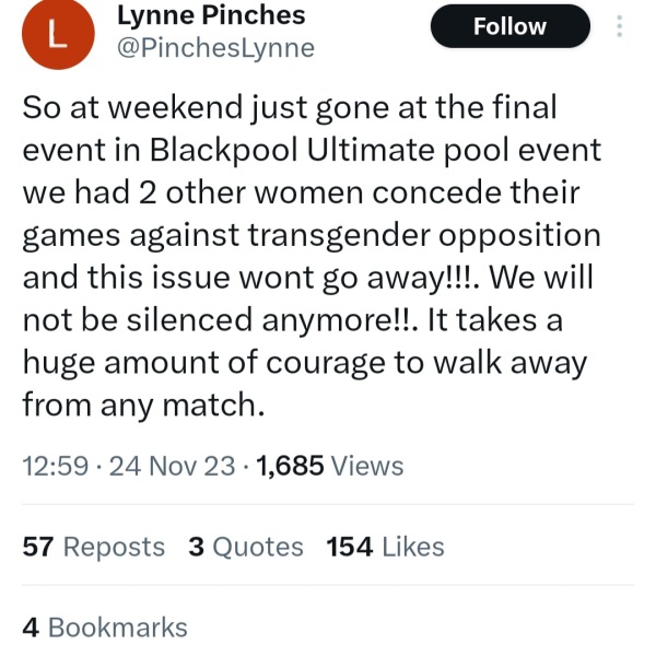 Female pool player Lynne Pinches refuses to play transgender opponent and walks off at start of match