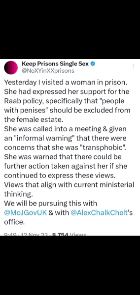 Female prisoner told that wanting female-only prisons is transphobic