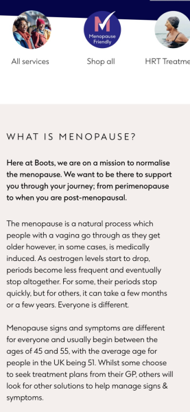Boots menopause advice for "people with a vagina"