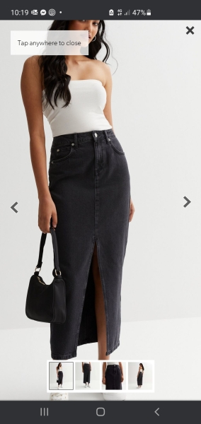 Split denim skirt outfit