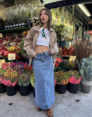 What colour tights with long denim skirt and tan boots?