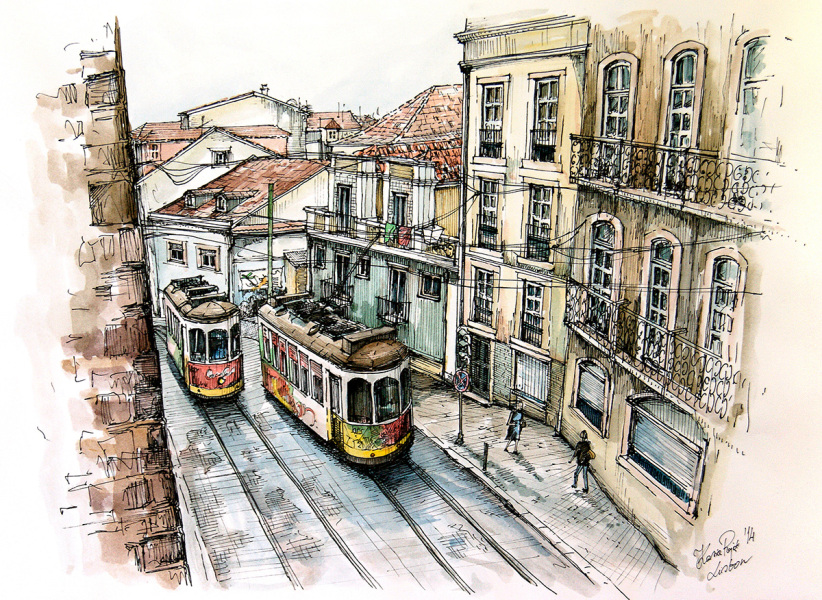 Famous artist working in watercolour and pen