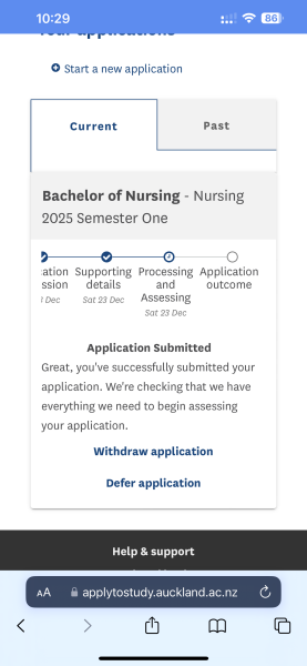 Applied for a nursing degree in New Zealand