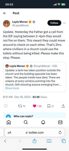 Layla Moran's family trapped in Catholic church and under attack from IDF