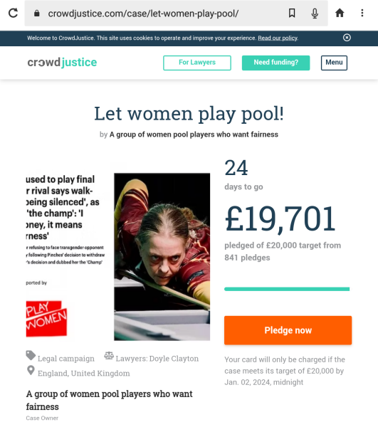Female pool player Lynne Pinches refuses to play transgender opponent and walks off at start of match