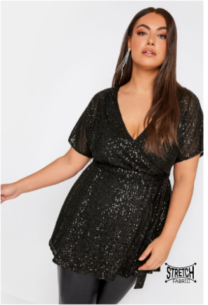 V-neck, nipped in at waist, flarey sequin top