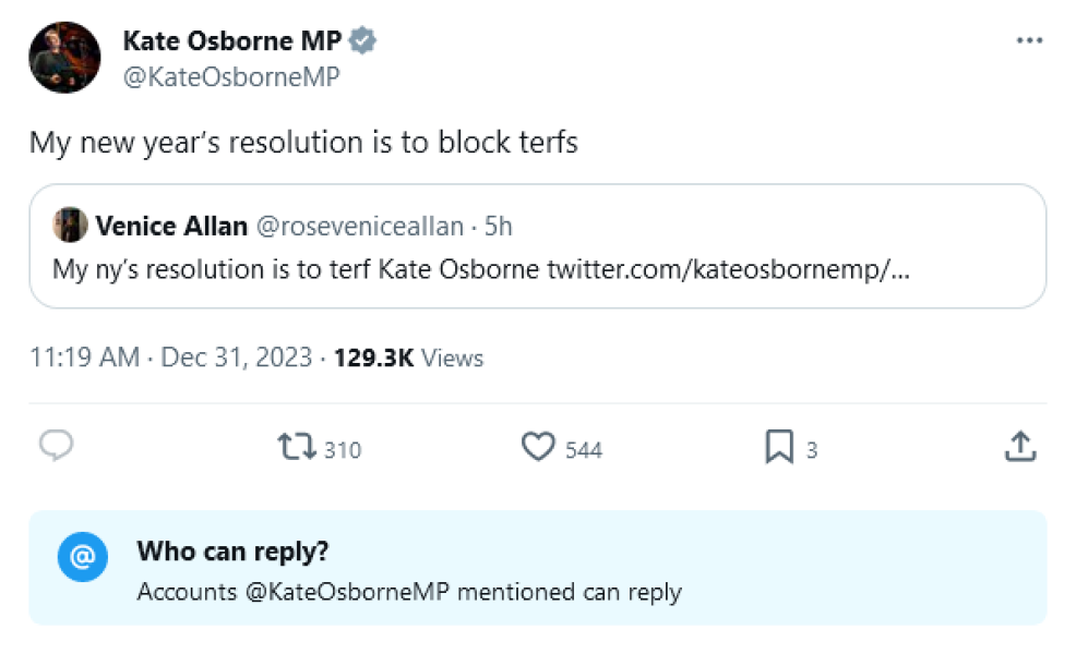 Kate Osborne MP: 'My NY Resolution is to block T*rfs'
