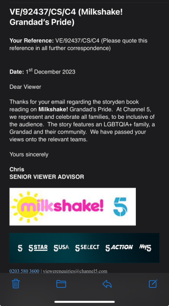 Grandad's Pride is being read on milkshake on channel 5 - not acceptable! AIBU