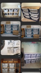Wooden units that hold laundry baskets