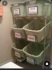 Wooden units that hold laundry baskets