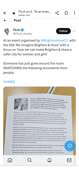 At a community meeting in Brighton about VAWG a leaflet about lack of women only support services where confiscated