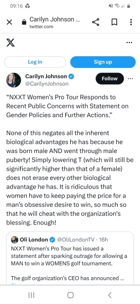 Male born person wins women’s golf tournament and is now “worried about his safety” - interviewed by GMB (Title edited by MNHQ)