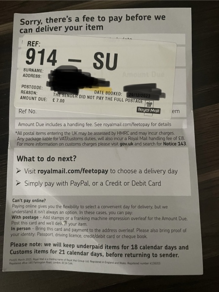Vinted buy , got a fee to pay grey card through the door !