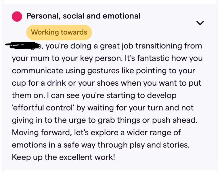 Nursery observation for a 2 year old 'working towards'. What does that mean? Behind?