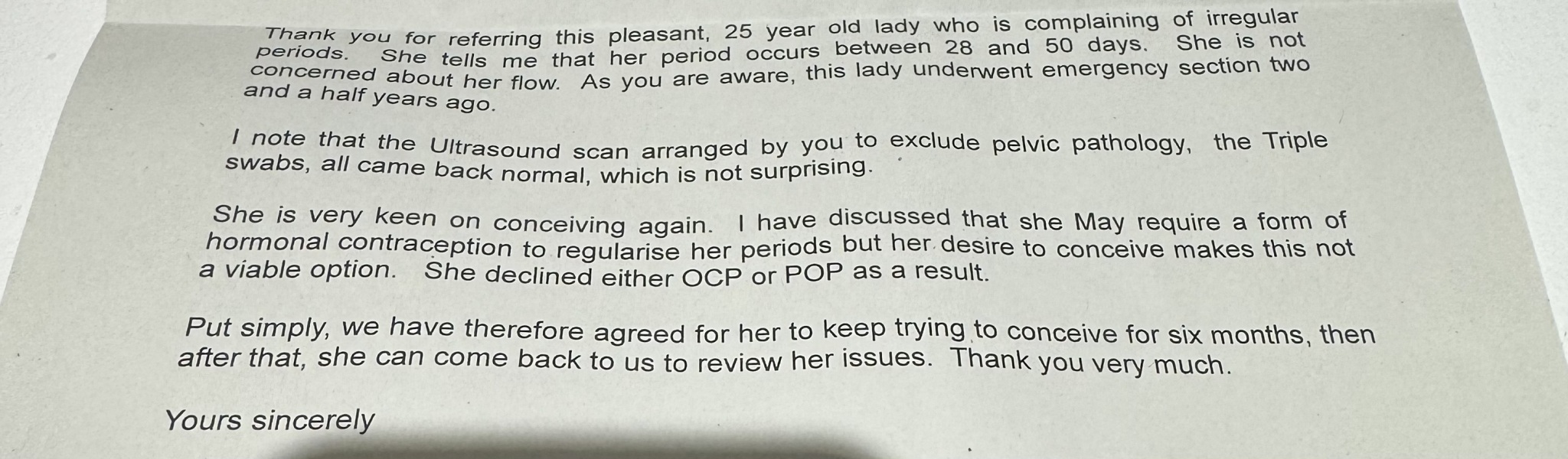 Gynaecologist letter