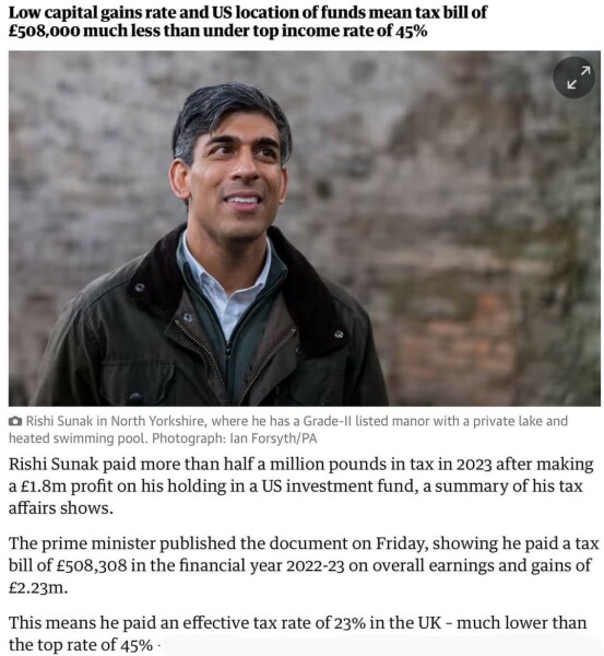 When we're all struggling, is it fair that Rishi Sunak pays less tax (23%) on his £2.2m annual income than a teacher or a nurse would pay on theirs?
