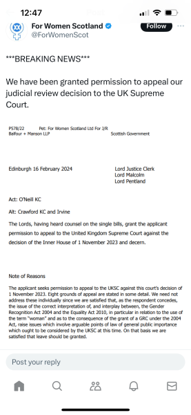 For Women Scotland - Appeal going to UK Supreme Court