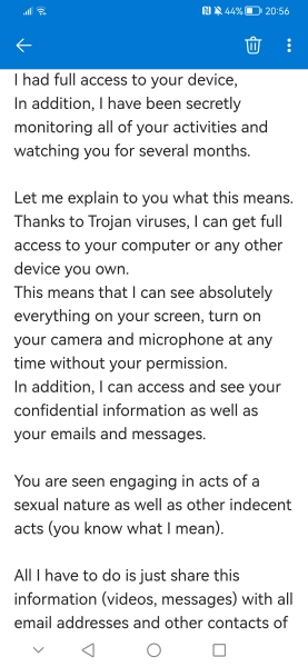 DS being blackmailed by an email saying videos/pics on his phone will be sent to his contacts unless he pays into a bitcoin account