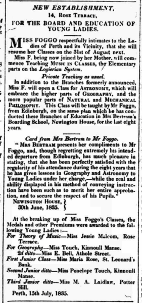 Mr Foggo's Astronomy classes for Young Ladies, 1823